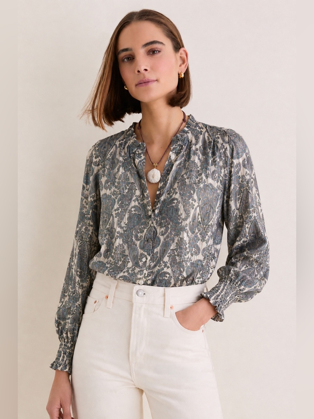 Autres Filles Paisley Blouse Long Sleeve Button Front Metallic Medium 981